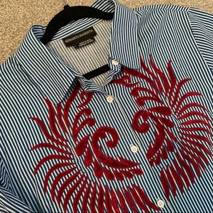 Anthropologie Blue Striped Embroided Blouse Button Up